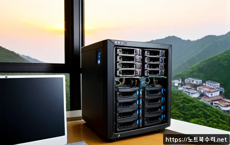 하봉암동 해놀로지 xpenology 구축 - Photorealistic IT workstation in a quiet Korean hillside apartment, compact NAS server chassis with ...