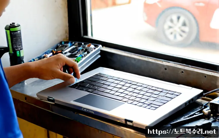 둔대동 맥북에어 판매 및 수리 - Photorealistic slim silver ultraportable laptop on a clean repair bench, technician carefully replac...