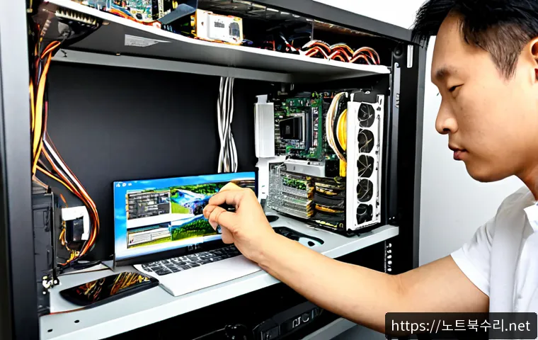 미산동 VGA조립 및 교체수리 - Photorealistic computer repair workstation in a compact Misandong apartment office, technician caref...