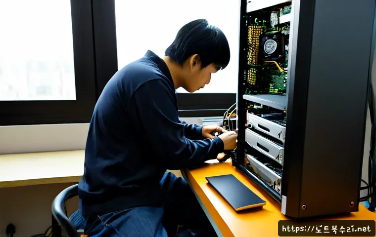 동부동 그래픽카드조립 및 교체수리 - Photorealistic computer repair bench in a compact East Dong neighborhood workshop, technician carefu...