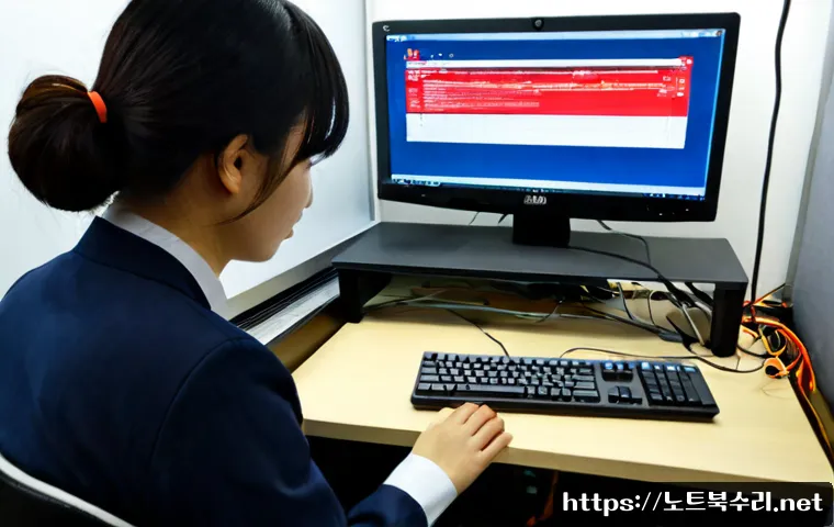 무교동 STATUS_FILE_WRITE_FAILURE - Photorealistic remote-support workstation in a compact Mugyo-dong office, dual monitors showing a bl...