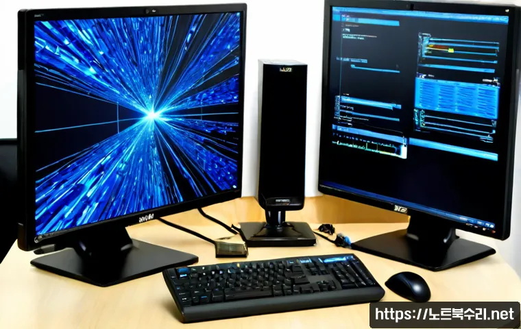저동 STATUS_KERNEL_DEBUG_FAILURE - Photorealistic PC repair workstation in a compact Jung-gu office, dual monitors showing an abstract ...