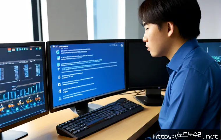 여주시 STATUS_KERNEL_MODE_EXCEPTION - Photorealistic IT support workstation in a modern Yeoju office, dual monitors showing a non-textual ...