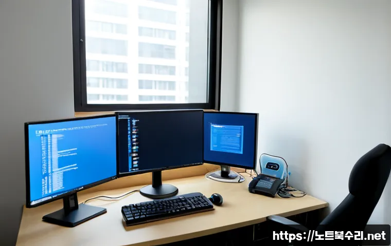 홍문동 STATUS_KERNEL_DATA_CORRUPTION - Photorealistic remote IT support workstation in a compact Hongmun-dong apartment office, dual monito...