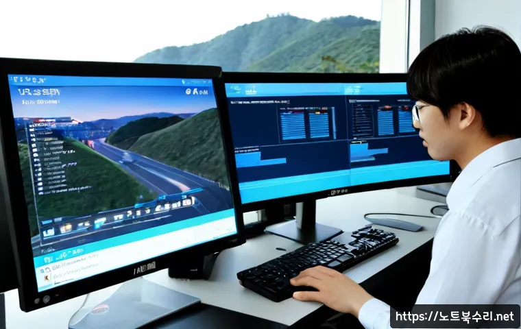 운중동 IRQL_NOT_LESS_OR_EQUAL - Photorealistic IT support workstation in a modern residential district office, dual monitors showing...