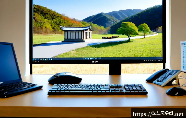 옥천면 STATUS_FILE_LOCK_CONFLICT - Photorealistic remote-support workstation in a quiet rural Korean office, dual monitors showing a co...