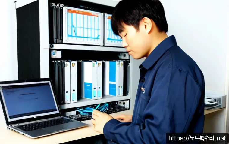 옥산동 ftp서버출장방문수리점 - Photorealistic on-site FTP server repair workstation in a compact Oksan-dong office, technician diag...