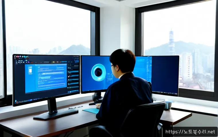 단현동 BAD_SYSTEM_CONFIG_INFO - Photorealistic IT support workstation in a compact Danyeon-dong office, dual monitors showing abstra...