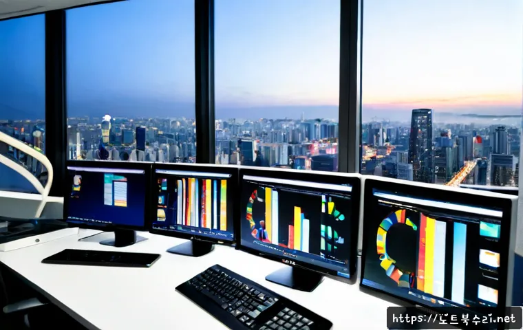 삼성동 STATUS_STACK_UNDERFLOW - Photorealistic IT support workstation in a modern Samsung-dong high-rise office, dual monitors showi...