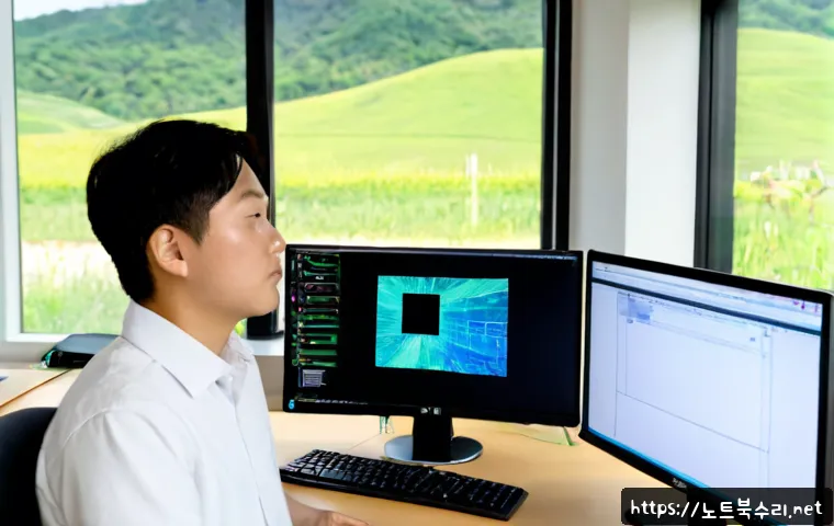 퇴촌면 MACHINE_CHECK_EXCEPTION - Photorealistic IT technician at a dual-monitor workstation in a quiet rural township office, diagnos...