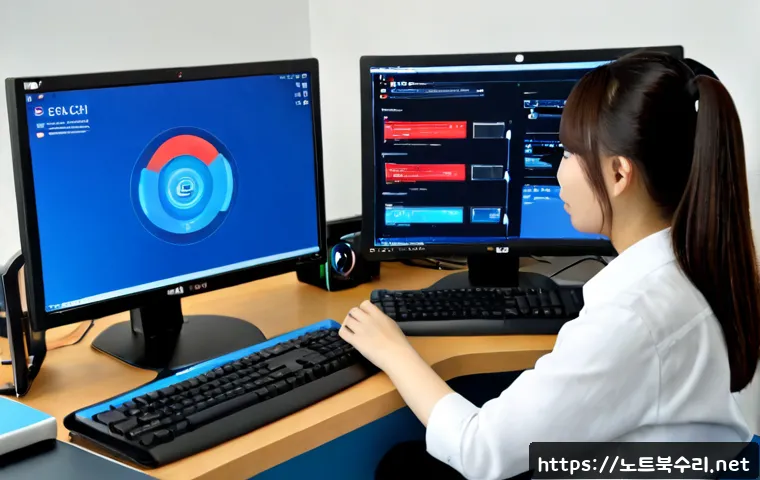 길음동 ATTEMPTED_EXECUTE_OF_NOEXECUTE_MEMORY - Photorealistic IT support workstation in a compact Gil-eum-dong apartment office, dual monitors show...