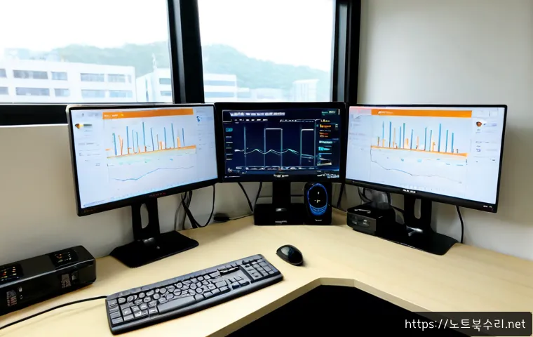 매산동 STATUS_KERNEL_NETWORK_ERROR - Photorealistic IT support workstation in a compact Maesan-dong office near a transit district, dual ...