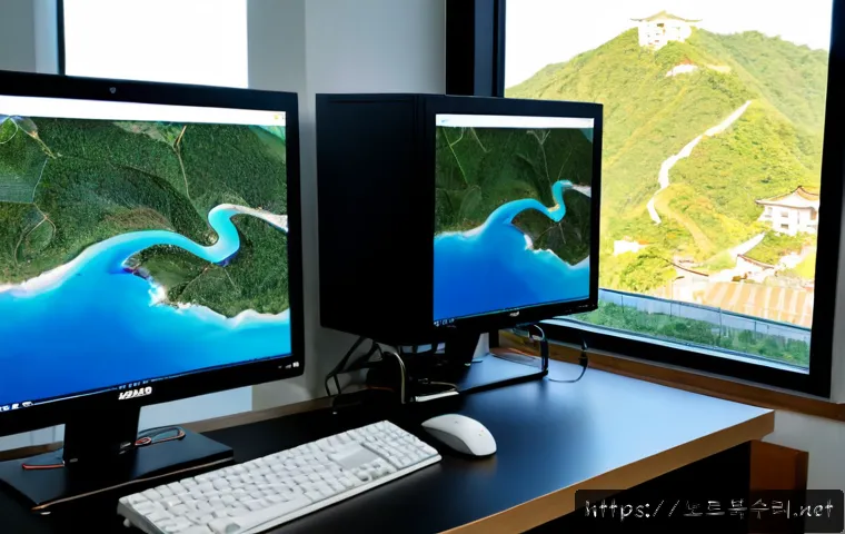 상봉암동 SESSION_HAS_NO_PAGEFILE - Photorealistic compact workstation in a quiet northeastern Seoul apartment office, dual monitors sho...
