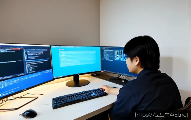 당동 DRIVER_CAUSED_SYSTEM_CRASH - Photorealistic IT support workstation in a compact Dangdong apartment office, dual monitors showing ...