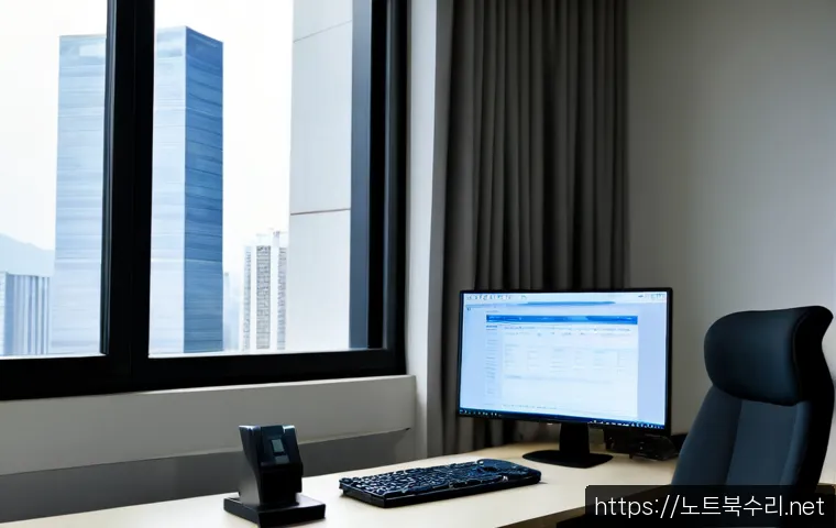 옥정동 STATUS_FILE_NOT_FOUND - Photorealistic IT support workstation in a modern Korean apartment district office, dual monitors sh...