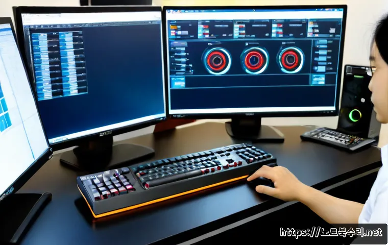 향남읍 press  f4  key - Photorealistic remote-support workstation in a modern Hyangnam-eup office, technician pressing the F...