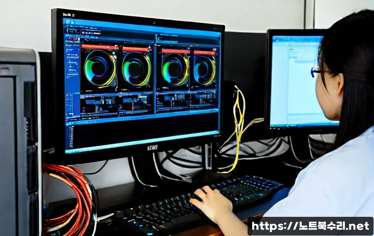 도촌동 STATUS_KERNEL_APC_PENDING - Photorealistic IT support workstation in a quiet Bundang suburban office, dual monitors showing abst...
