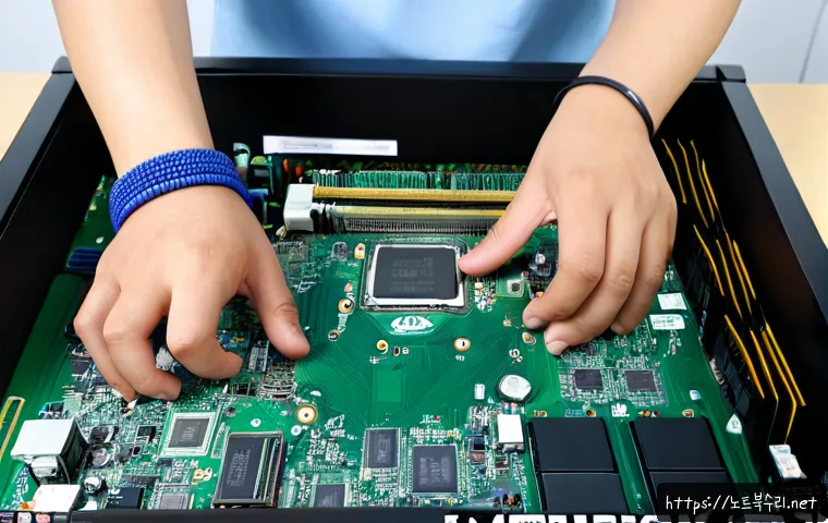 구성동 메모리조립 및 교체수리 - Photorealistic computer repair workstation in a compact Guseong-dong electronics shop, technician we...