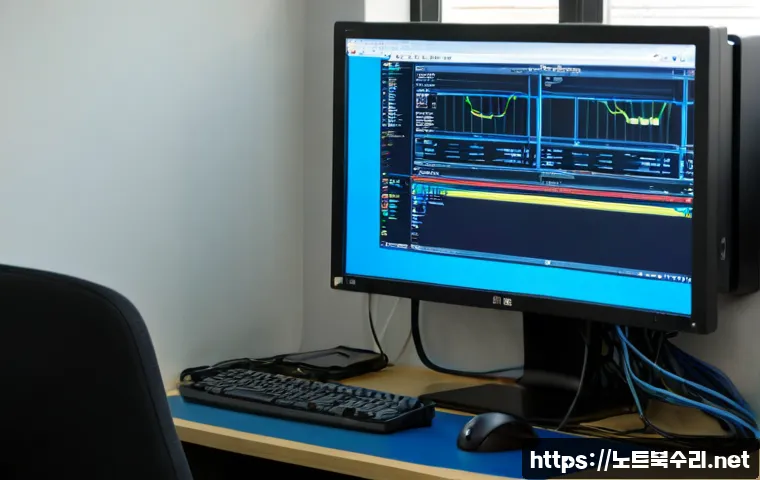 답동 pc에 문제가 발생하여 다시 시작해야 합니다 - Photorealistic IT support workstation in a compact Dapdong office, desktop monitor showing a plain b...
