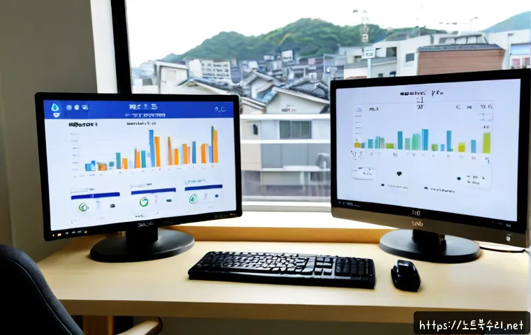 화평동 USER_MODE_HEALTH_MONITOR - Photorealistic remote health-monitoring workstation in a compact Hwapyung-dong apartment office, dua...