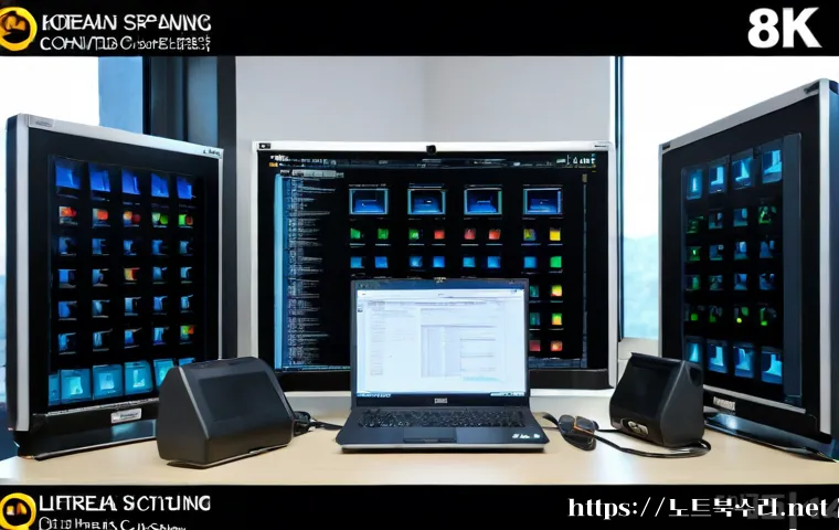 삼동 STATUS_FILE_READ_FAILURE - Photorealistic IT support workstation in a compact Samdong office, dual monitors showing abstract fi...