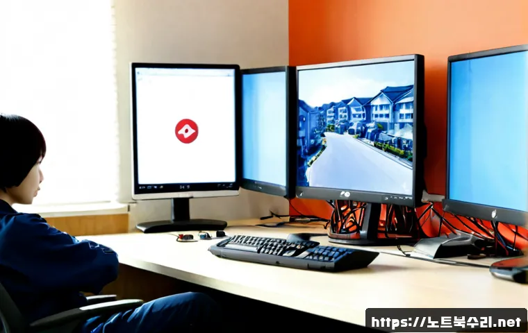 관산동 STATUS_FILE_WRITE_FAILURE - Photorealistic remote-support workstation in a quiet Goyang suburban apartment, dual monitors showin...