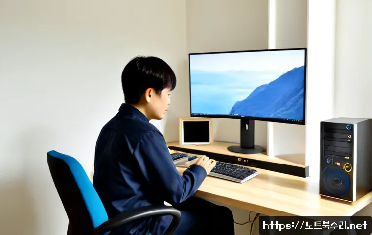 신소현동 STATUS_NO_MEMORY - Photorealistic remote-support workstation in a compact apartment office, dual monitors showing a cle...