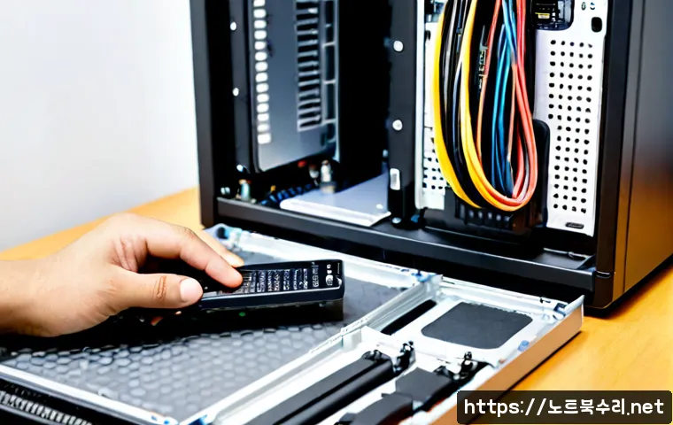 비전동 HDD조립 및 교체수리 - Photorealistic close-up of a remote support technician assembling a new internal hard drive into a d...