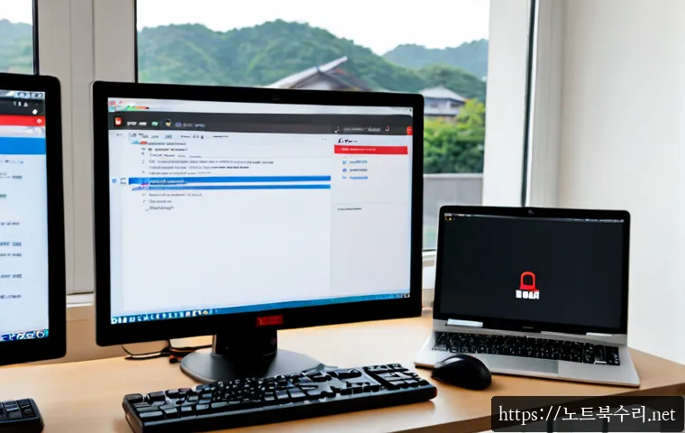 가업동 STATUS_MEMORY_ACCESS_DENIED - Photorealistic IT support workstation in a modern apartment office, dual monitors showing a clean so...