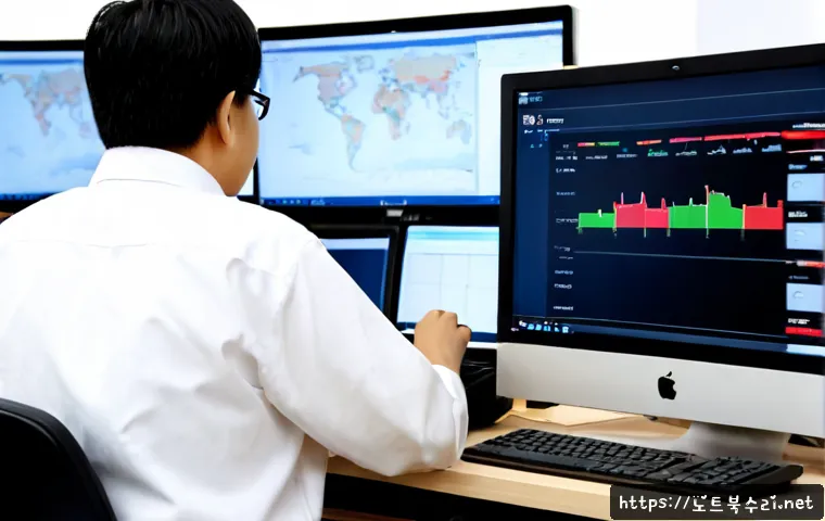 암사동 STATUS_PAGE_FAULT - Photorealistic remote-support workstation in Amsa-dong, Seoul, dual monitors displaying an unlabeled...