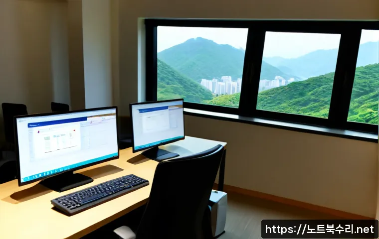 노원구 SESSION_HAS_VALID_VIEWS_ON_EXIT - Photorealistic IT support workstation in a modern Nowon-gu apartment office, dual monitors showing a...
