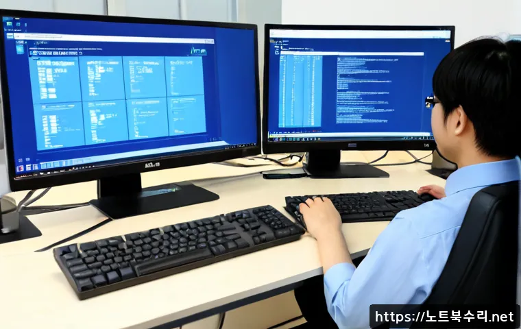 매탄동 STATUS_KERNEL_MODULE_CORRUPTION - Photorealistic IT support workstation in a modern office near Maetan-dong, dual monitors showing a g...