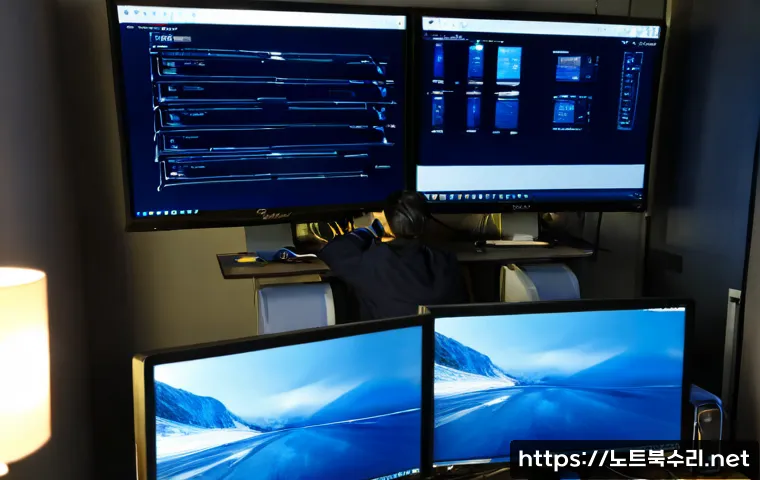 증일동 CLOCK_WATCHDOG_TIMEOUT - Photorealistic IT support workstation in a compact Jeungil-dong office, dual monitors with one displ...