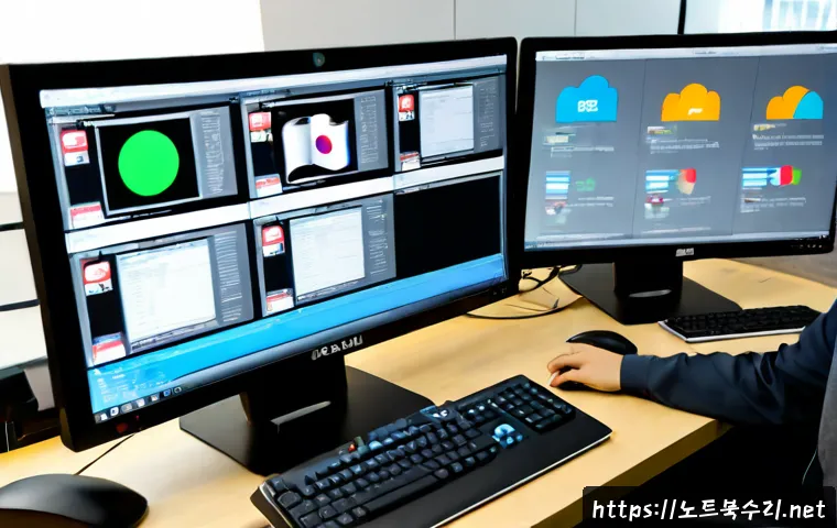 남북동 STATUS_FILE_CORRUPTION - Photorealistic remote-support workstation in a modern Seoul office, dual monitors showing a generic ...