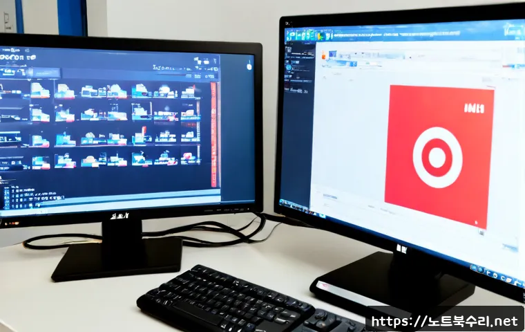 남창동 STATUS_DISK_READ_FAILURE - Photorealistic IT support workstation in a compact Namchang-dong design office, dual monitors showin...