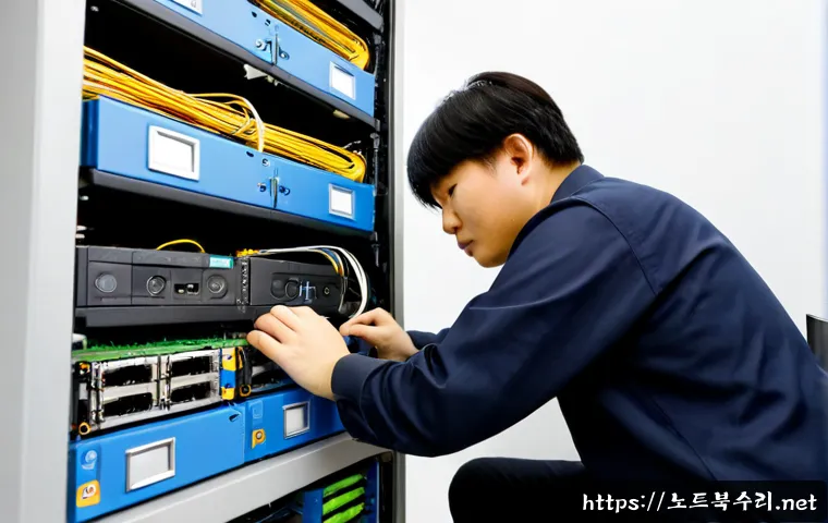 왕길동 파일서버출장방문수리점 - Photorealistic onsite file server repair inside a compact Wanggil-dong workshop office, technician r...