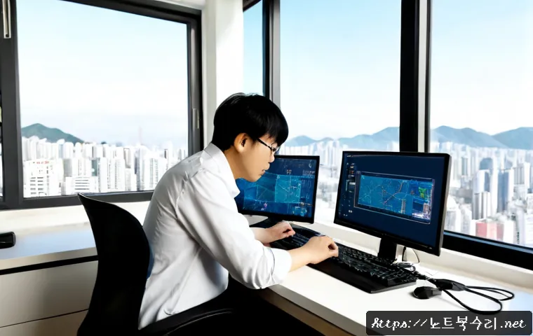 불현동 STATUS_FILE_INVALID - Photorealistic remote support workstation in a compact Korean office, engineer reviewing a damaged 3...