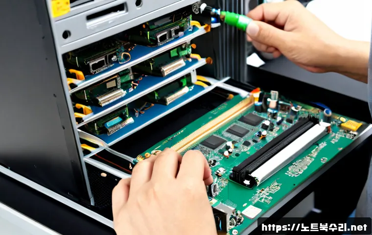 와룡동 VGA조립 및 교체수리 - Photorealistic computer repair bench in a compact Waryong-dong electronics workshop, technician inst...