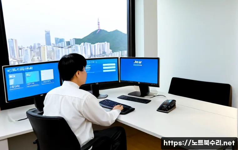 만송동 MULTIPLE_IRP_COMPLETE_REQUESTS - Photorealistic financial software workstation in a modern Korean office, analyst reviewing several c...