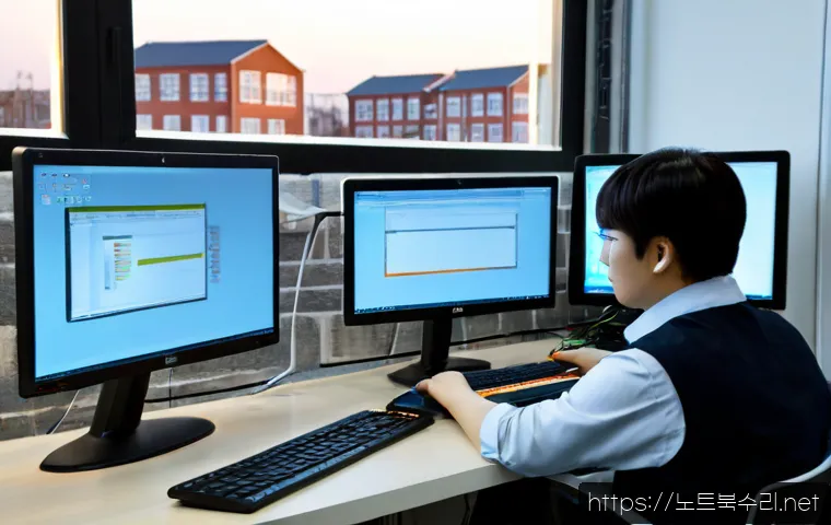 안암동 STATUS_KERNEL_THREAD_INTERRUPTED - Photorealistic remote IT support workstation in a compact university-area office, dual monitors disp...