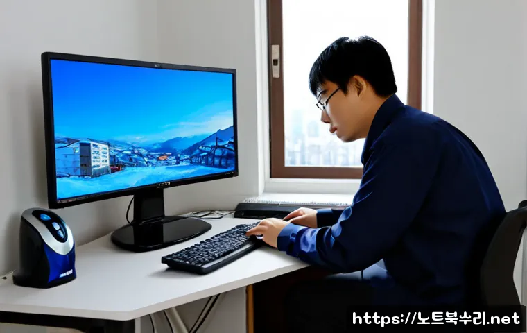 신창동 CLOCK_WATCHDOG_TIMEOUT - Photorealistic remote-support workstation in a compact apartment office, desktop monitor frozen on a...