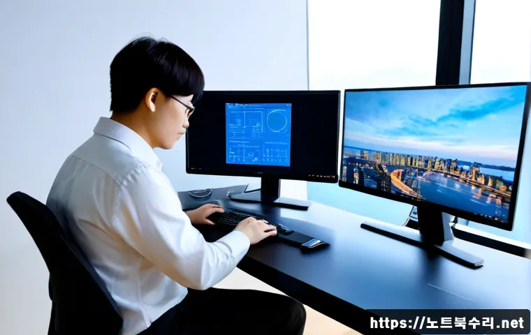 송도동 WIN32K_LOCK_HELD_TOO_LONG - Photorealistic remote-support workstation in a modern Songdo apartment office, dual monitors showing...