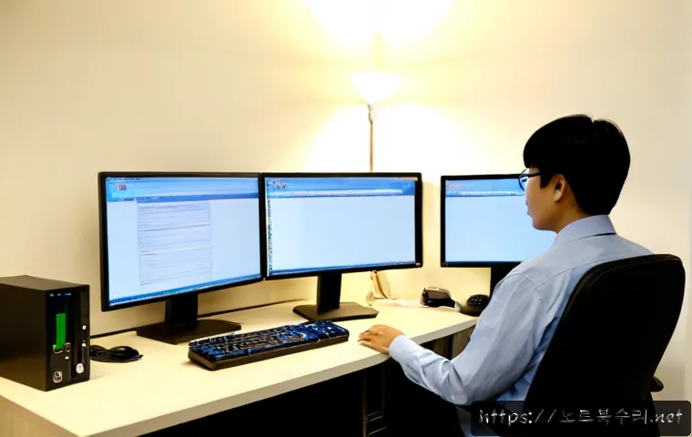 호원동 STATUS_FILE_READ_FAILURE - Photorealistic IT support workstation in a compact hillside apartment office, dual monitors showing ...