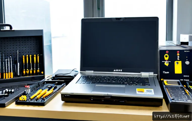 은계동 맥북프로 판매 및 수리 - Photorealistic electronics service counter in a modern neighborhood repair shop, premium unbranded s...