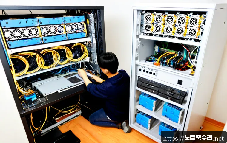 궐동 파워조립 및 교체수리 - Photorealistic PC repair workstation in Gweol-dong, technician installing a new modular power supply...
