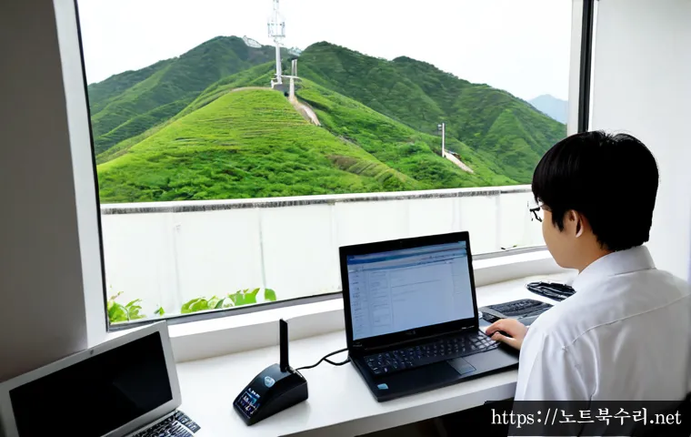 당인동 신호없음 - Photorealistic IT support workstation in a compact Korean hillside apartment, technician studying a ...