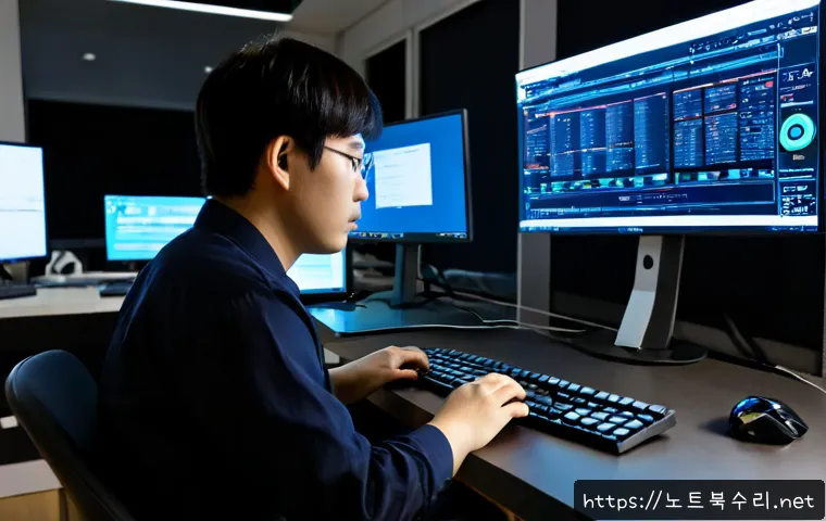 작동 STATUS_MEMORY_ACCESS_DENIED - Photorealistic IT support workstation in a modern Seoul office, focused systems engineer studying a ...