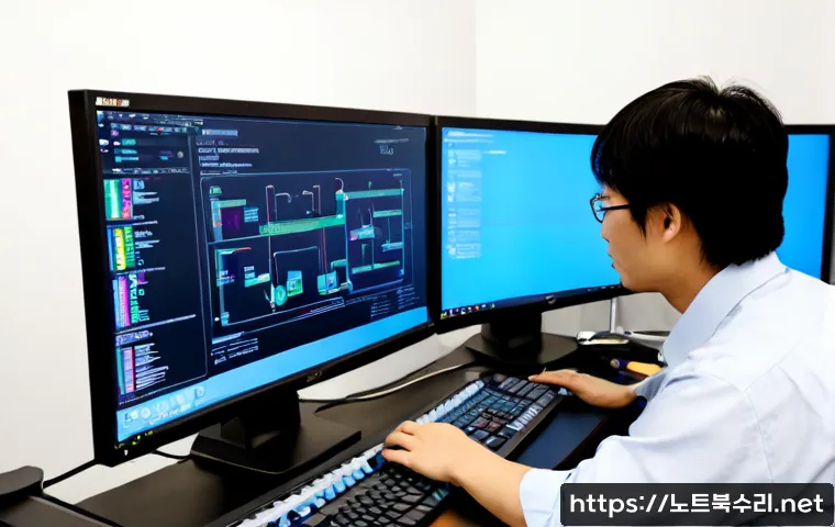 남북동 STATUS_KERNEL_SECURITY_CHECK - Photorealistic remote IT support workstation in a modern Northeast Seoul office, dual monitors showi...