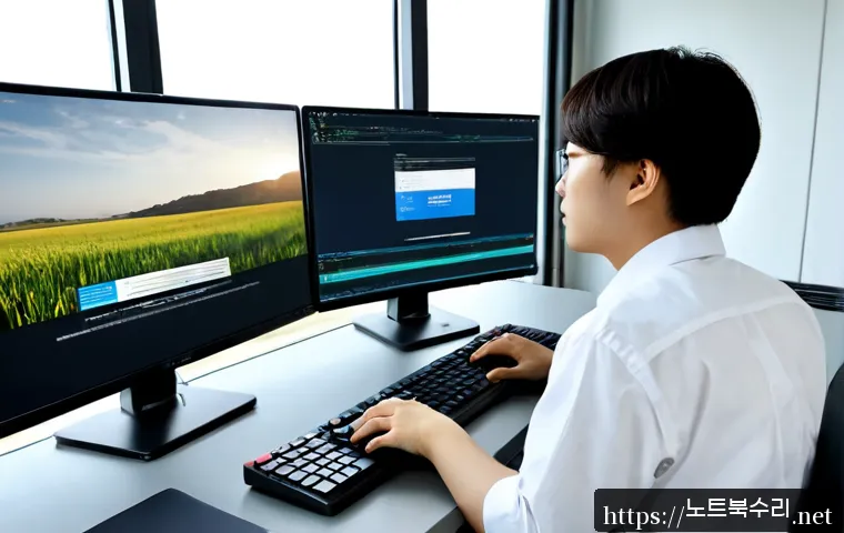대곶면 POOL_CORRUPTION_IN_FILE_AREA - Photorealistic remote IT support workstation in a quiet industrial office near coastal farmland, dua...