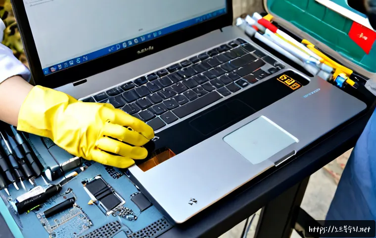 서구 맥북에어 판매 및 수리 - Photorealistic electronics repair workstation in a quiet West District neighborhood, a thin silver u...